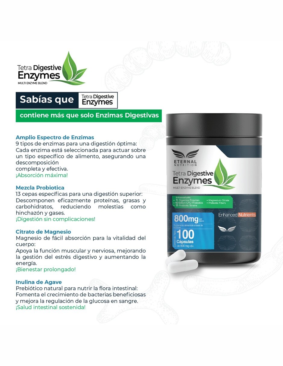 Tetra Enzimas Digestivas con 13 Probióticos 400 mg 100 cápsulas 4