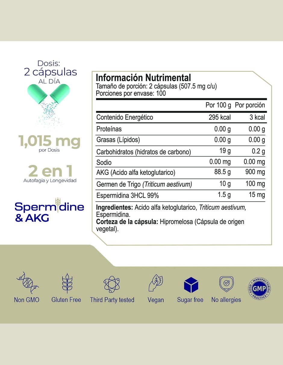 Espermidina 99% Renovación Celular Eternal Nutrition con Espermidina 99% AKG germen de trigo