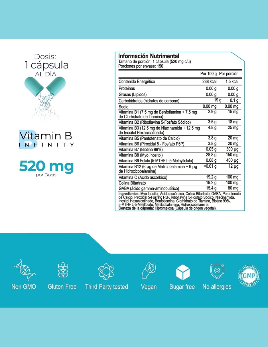 Complejo B Elevado con Vitaminas B1 B2 B3 B5 B6 B7 B9 y B12 vitamina C colina GABA myo-inositol de 150 cápsulas