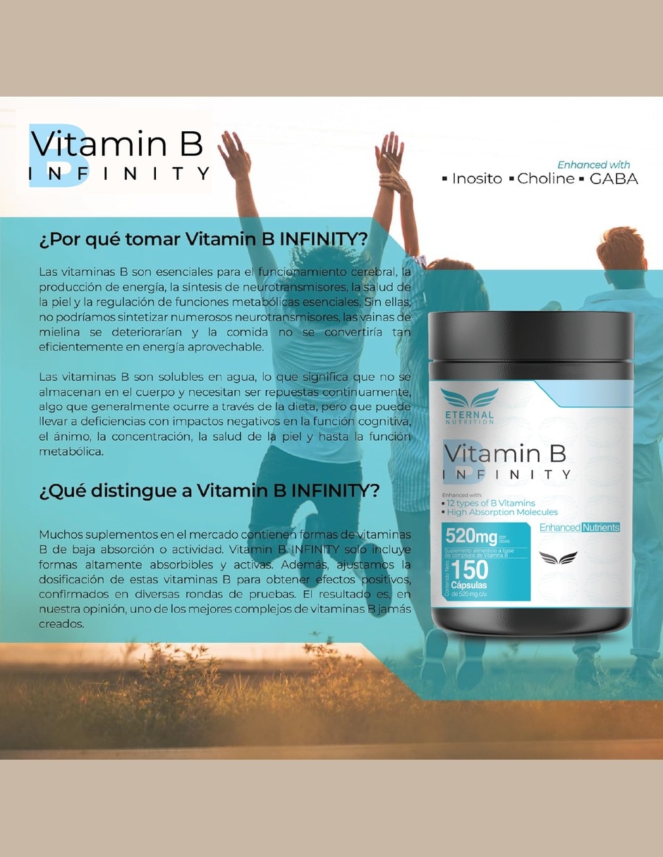 Complejo B Elevado con Vitaminas B1 B2 B3 B5 B6 B7 B9 y B12 vitamina C colina GABA myo-inositol de 150 cápsulas 8