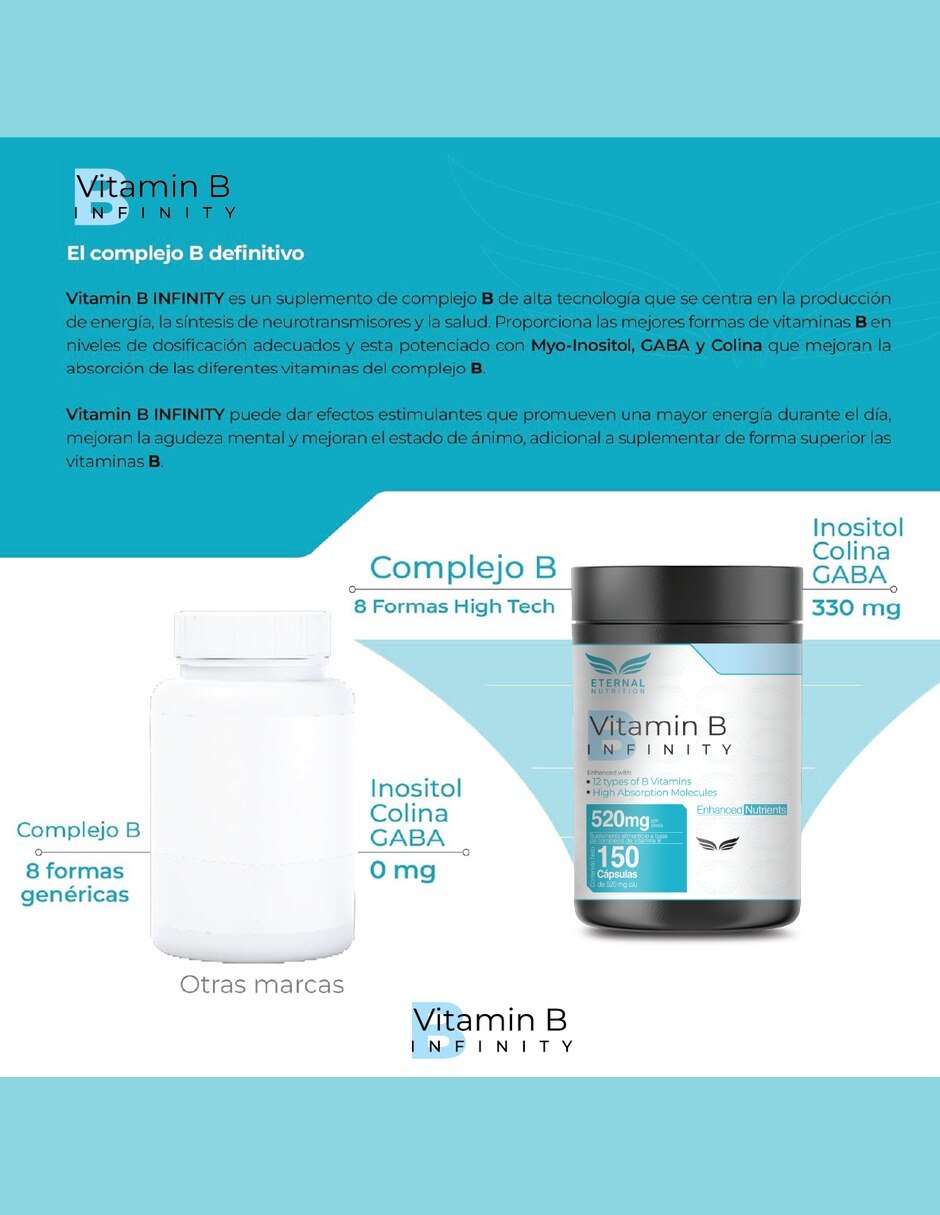 Complejo B Elevado con Vitaminas B1 B2 B3 B5 B6 B7 B9 y B12 vitamina C colina GABA myo-inositol de 150 cápsulas 9
