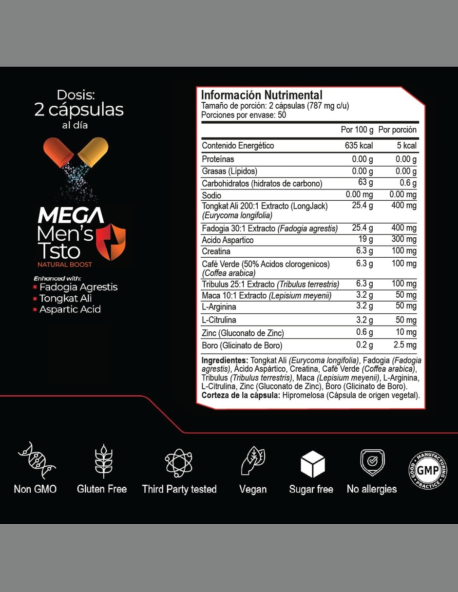 Mega Men's Testo con Tongkat Ali 1 Fuerza y Energía con Tribulus tongkat ali y maca
