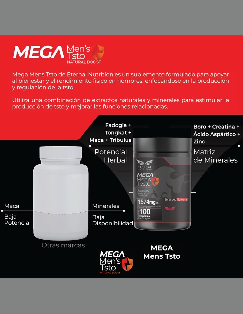 Mega Men's Testo con Tongkat Ali 1 Fuerza y Energía con Tribulus tongkat ali y maca