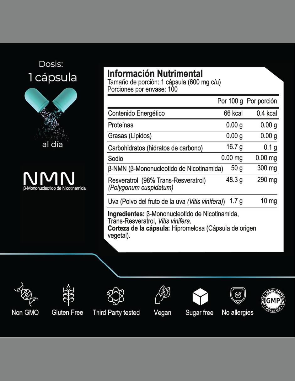 NMN 99.5% con Trans-Resveratrol 98% y Uva Energía Celular con NMN 99.5% trans-resveratrol 98% con extracto de uva