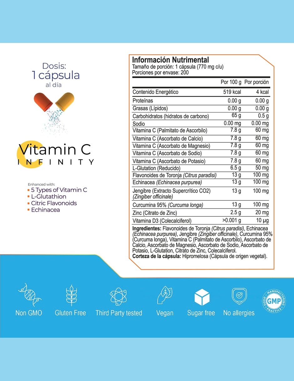 Vitamina C con L-Glutatión Zinc y Vitamina D3 Antioxidante bioflavonoides cítricos equinácea jengibre curcumina
