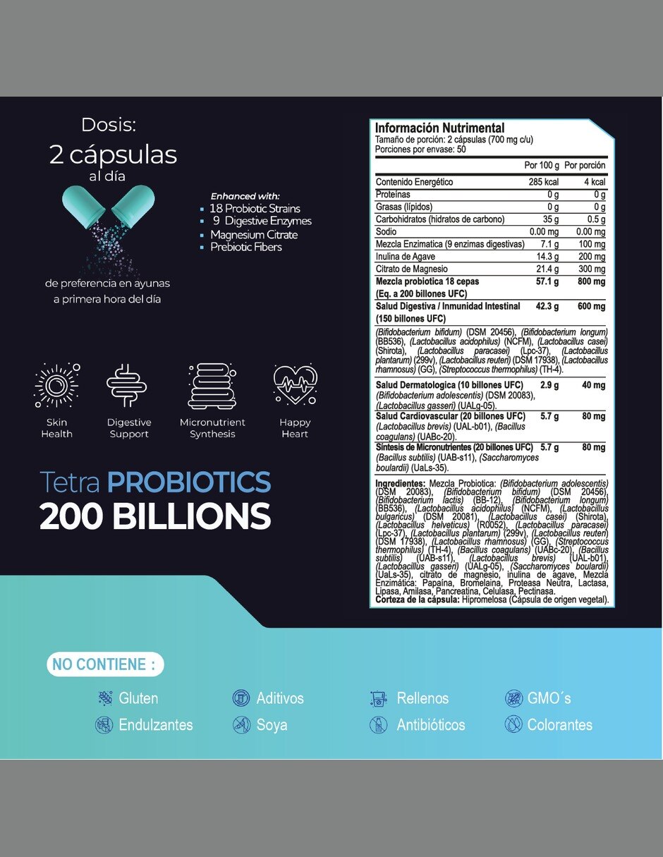 Tetra Probióticos 200 Mil Millones UFC con 18 Cepas 800 mg 100 cápsulas 2