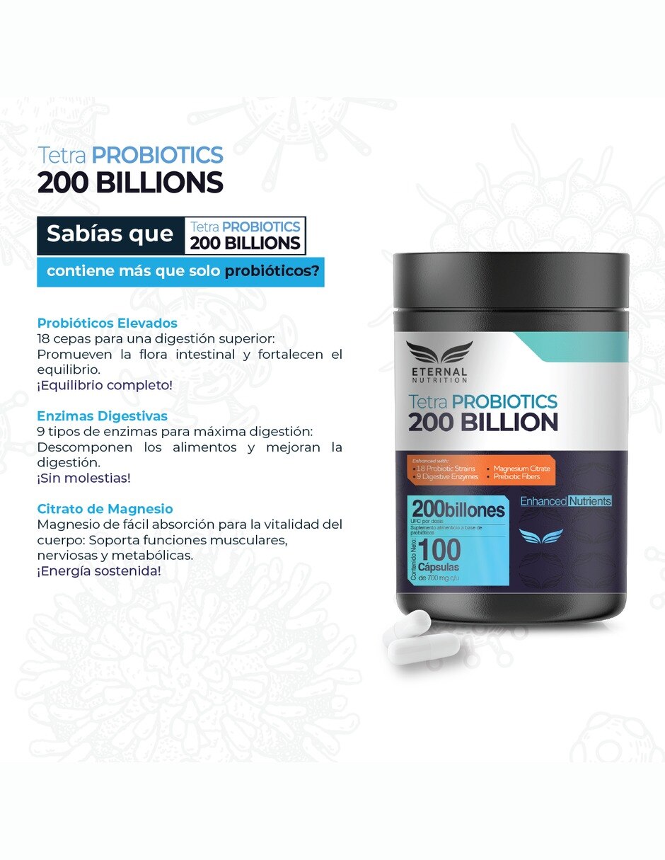 Tetra Probióticos 200 Mil Millones UFC con 18 Cepas 800 mg 100 cápsulas 5