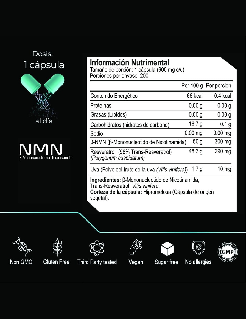 NMN 99.5% con Trans-Resveratrol 98% y Uva Energía Celular con NMN 99.5% trans-resveratrol 98% con extracto de uva