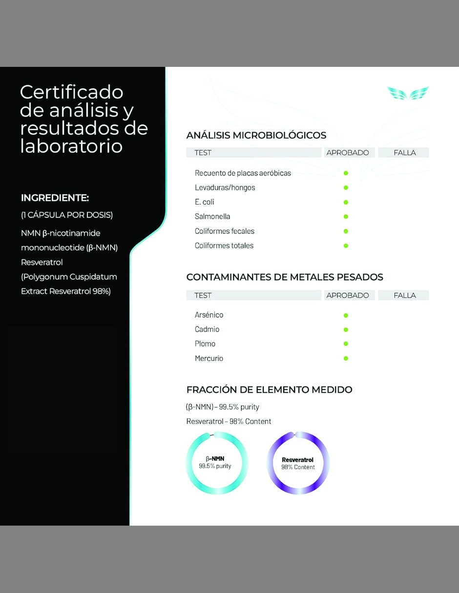 NMN 99.5% con Trans-Resveratrol 98% y Uva Energía Celular con NMN 99.5% trans-resveratrol 98% con extracto de uva 5