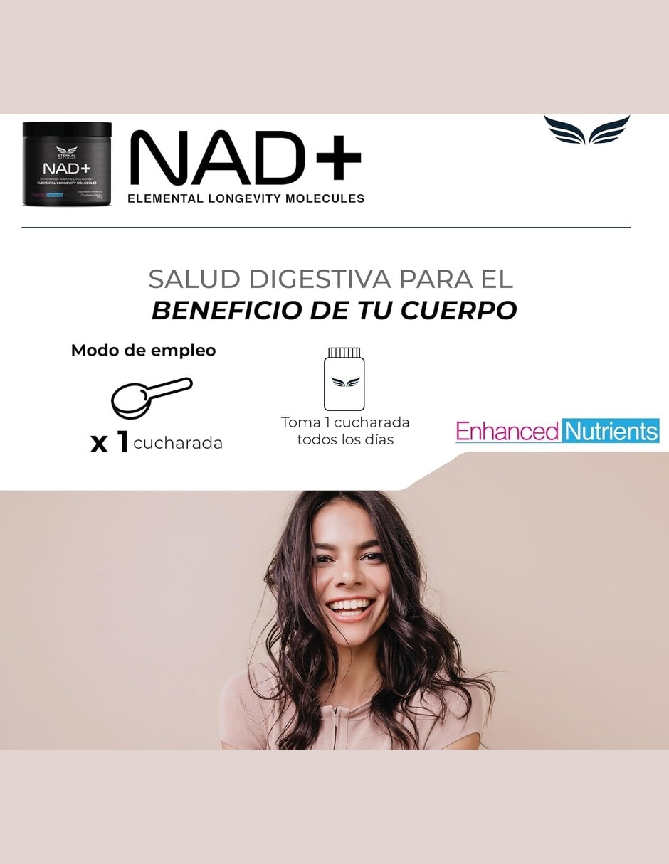 NAD+ Puro Micronizado en Polvo 50 g 100 Porciones de 500 mg Energía Celular ETERNAL NUTRITION con NAD+ (Nicotinamide Adenine Dinucleotide) sabor Sin sabor de