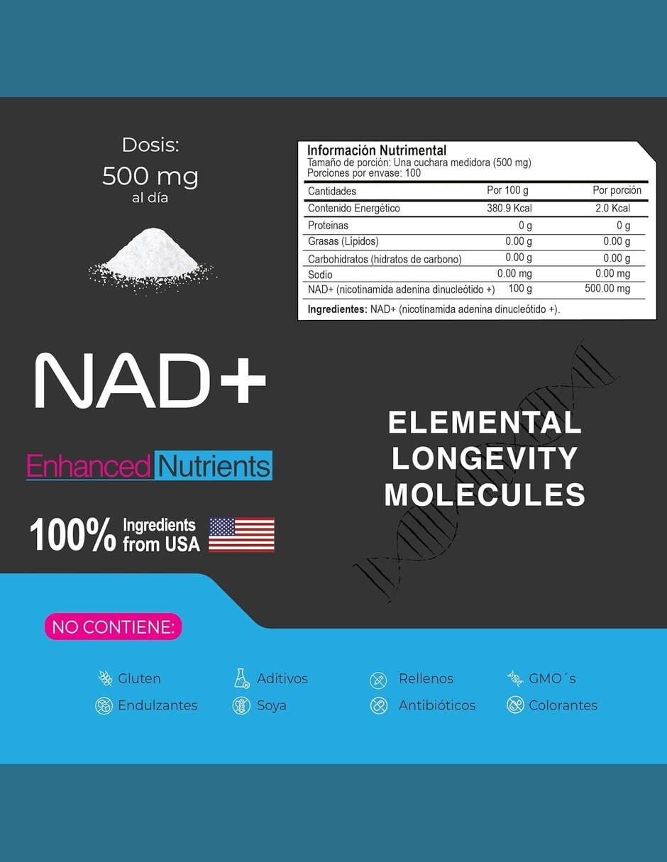 NAD+ Puro Micronizado en Polvo 50 g 100 Porciones de 500 mg Energía Celular ETERNAL NUTRITION con NAD+ (Nicotinamide Adenine Dinucleotide) sabor Sin sabor de