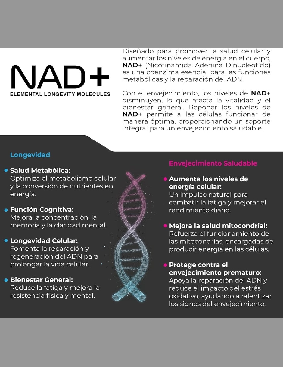 NAD+ Puro Micronizado en Polvo 50 g 100 Porciones de 500 mg Energía Celular ETERNAL NUTRITION con NAD+ (Nicotinamide Adenine Dinucleotide) sabor Sin sabor de