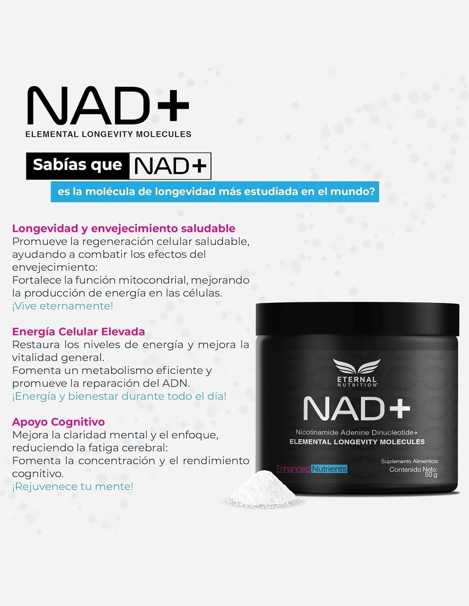 NAD+ Puro Micronizado en Polvo 50 g 100 Porciones de 500 mg Energía Celular ETERNAL NUTRITION con NAD+ (Nicotinamide Adenine Dinucleotide) sabor Sin sabor de 6