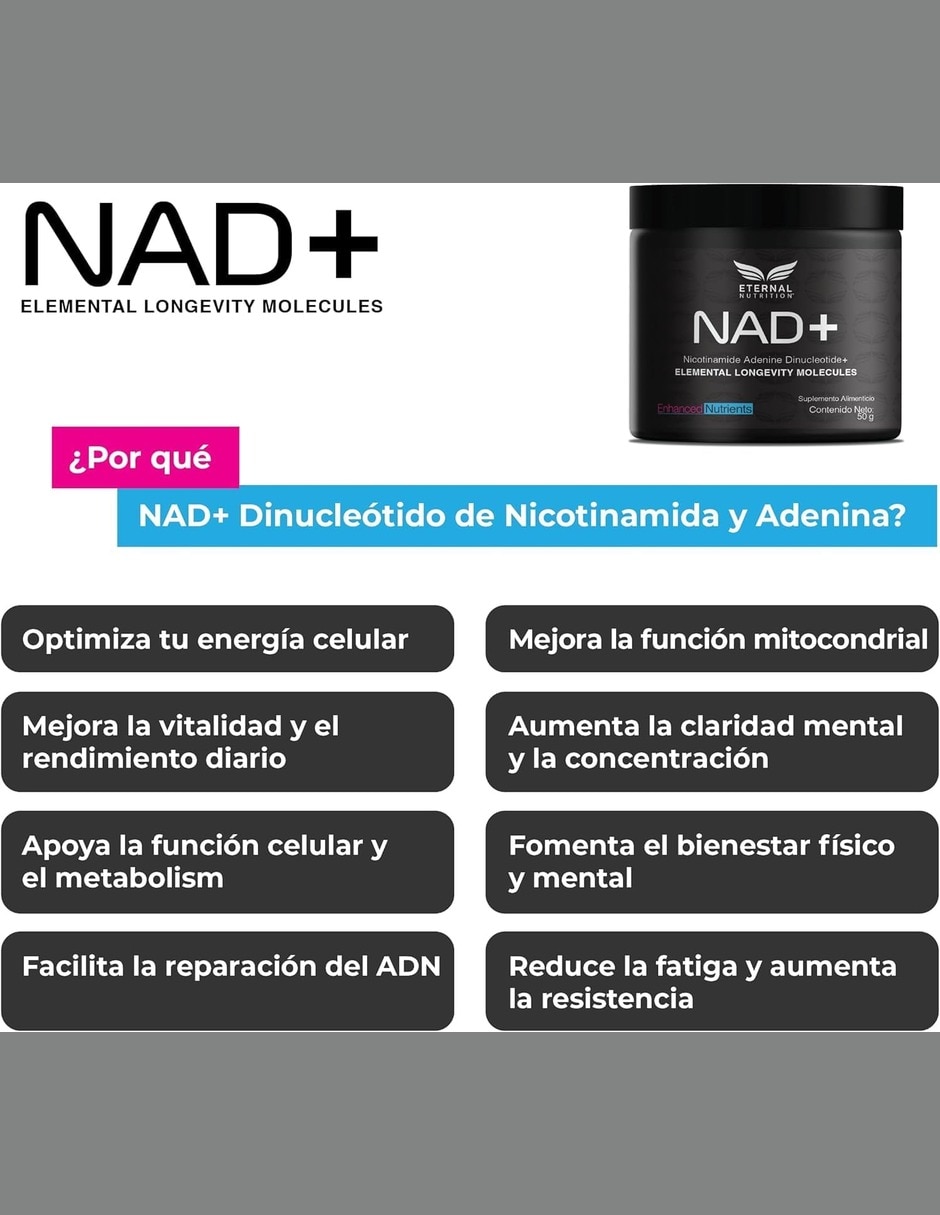 NAD+ Puro Micronizado en Polvo 50 g 100 Porciones de 500 mg Energía Celular ETERNAL NUTRITION con NAD+ (Nicotinamide Adenine Dinucleotide) sabor Sin sabor de 7