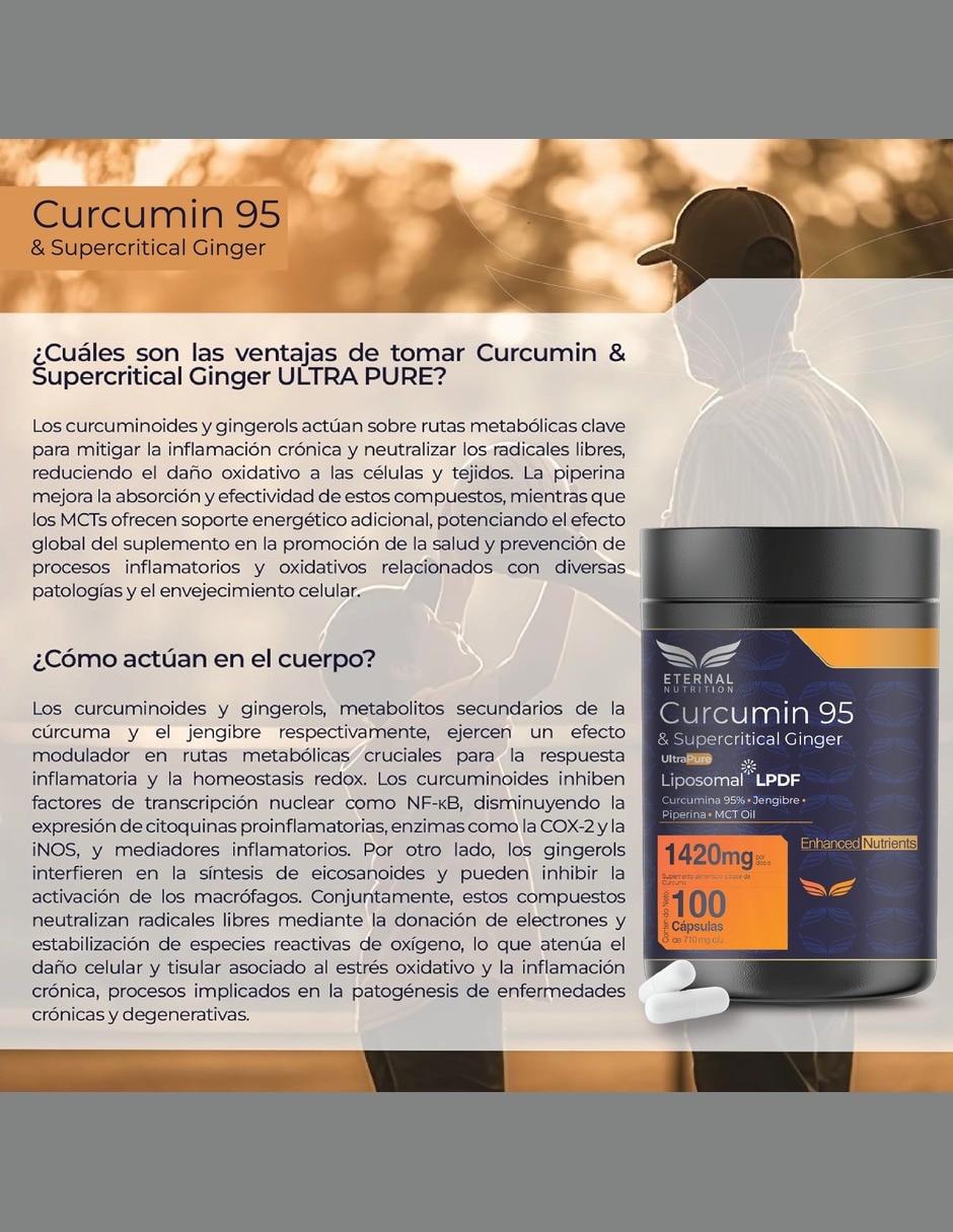 Cúrcuma 95% con jengibre MCT lecitina de girasol piperina de 100 cápsulas