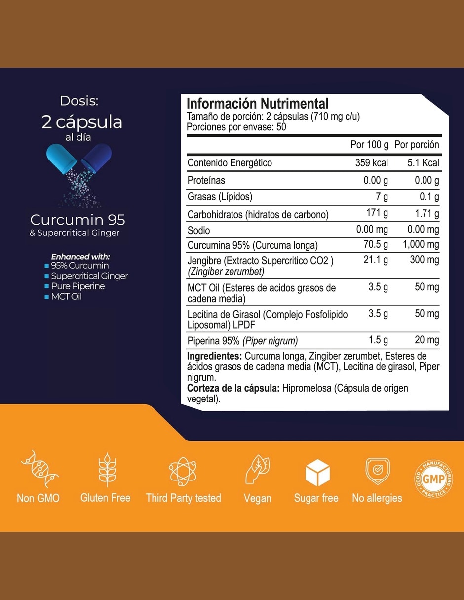 Cúrcuma 95% con jengibre MCT lecitina de girasol piperina de 100 cápsulas 6