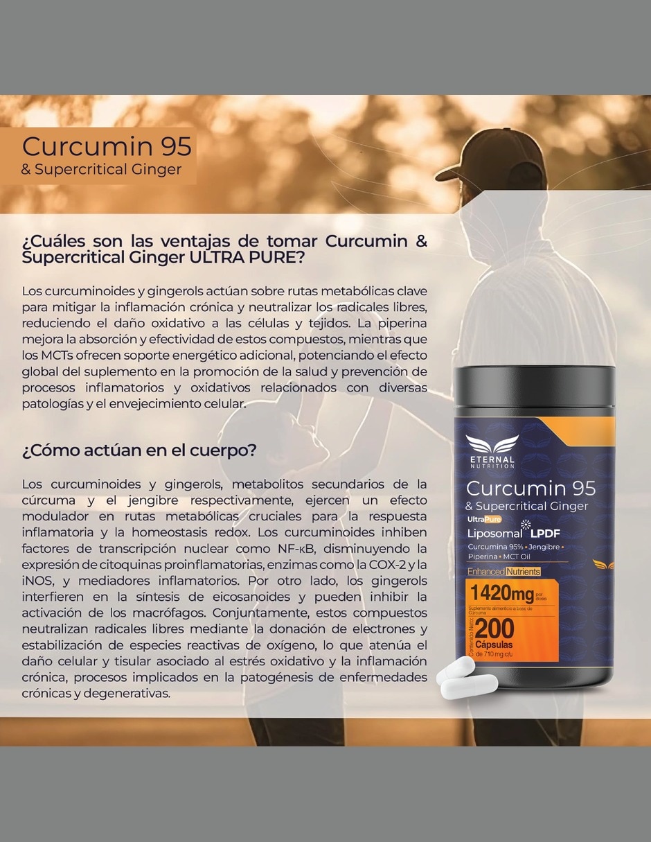 Cúrcuma 95% con jengibre MCT lecitina de girasol piperina de 200 cápsulas