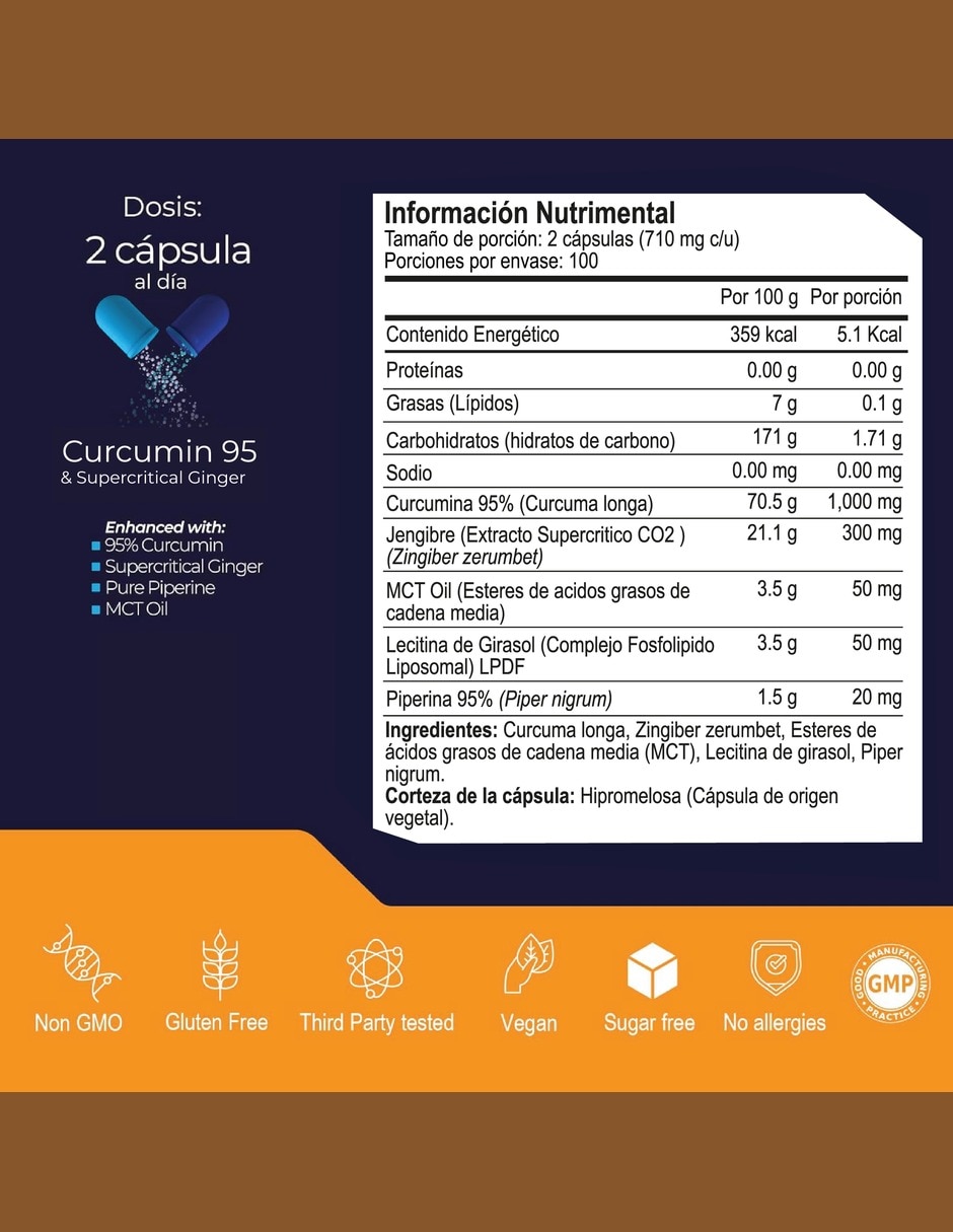 Cúrcuma 95% con jengibre MCT lecitina de girasol piperina de 200 cápsulas 6
